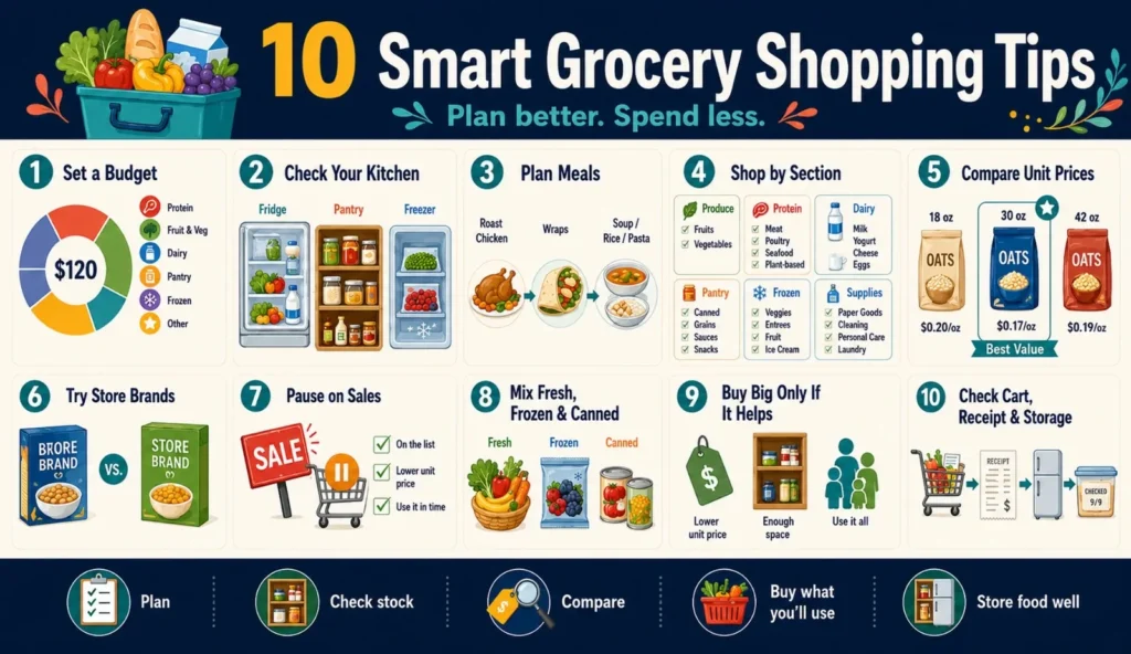10 smart grocery shopping tips infographic for budgeting, meal planning, and saving money on groceries.
