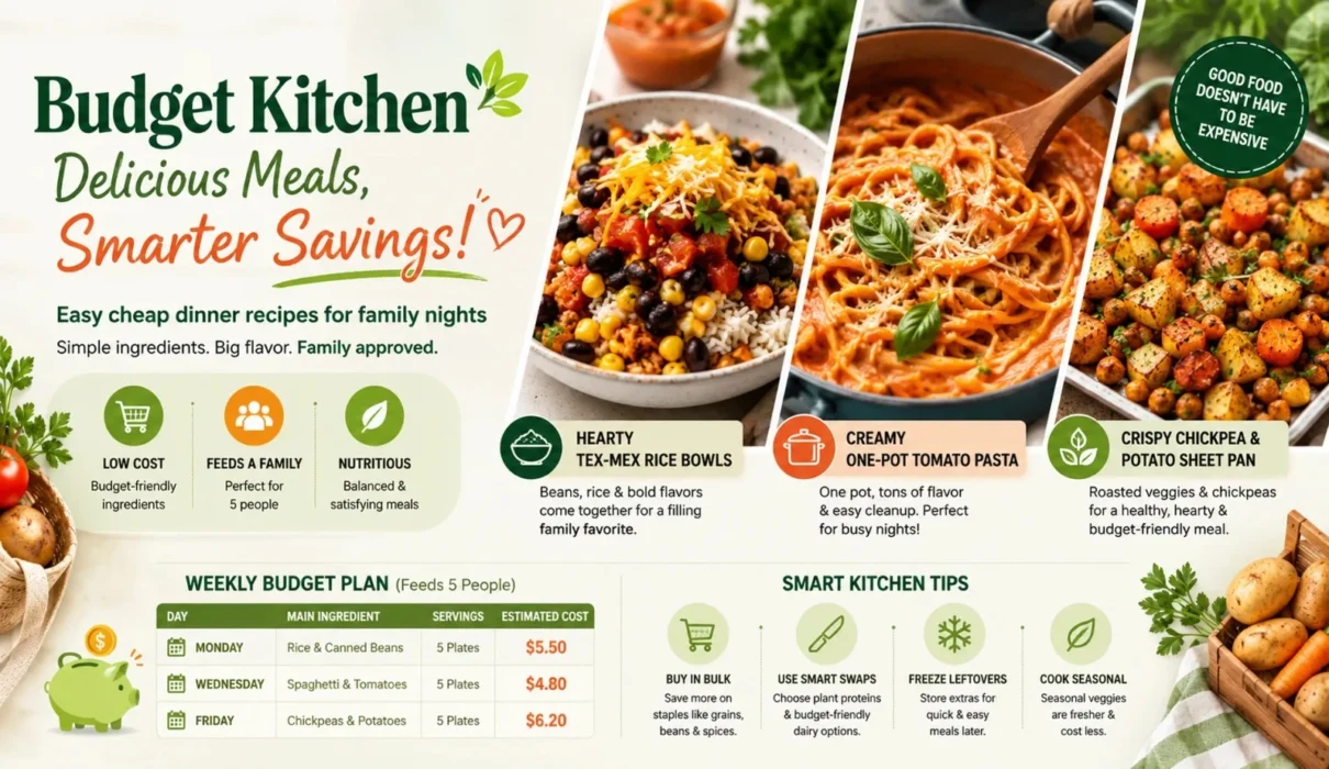 Budget Kitchen infographic featuring three affordable family meals—Tex-Mex rice bowls, creamy one-pot tomato pasta, and crispy chickpea & potato sheet pan—along with a weekly budget meal plan and smart kitchen money-saving tips.