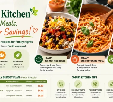 Budget Kitchen infographic featuring three affordable family meals—Tex-Mex rice bowls, creamy one-pot tomato pasta, and crispy chickpea & potato sheet pan—along with a weekly budget meal plan and smart kitchen money-saving tips.