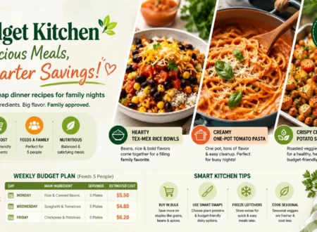 Budget Kitchen infographic featuring three affordable family meals—Tex-Mex rice bowls, creamy one-pot tomato pasta, and crispy chickpea & potato sheet pan—along with a weekly budget meal plan and smart kitchen money-saving tips.