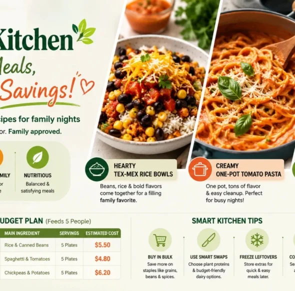 Budget Kitchen infographic featuring three affordable family meals—Tex-Mex rice bowls, creamy one-pot tomato pasta, and crispy chickpea & potato sheet pan—along with a weekly budget meal plan and smart kitchen money-saving tips.