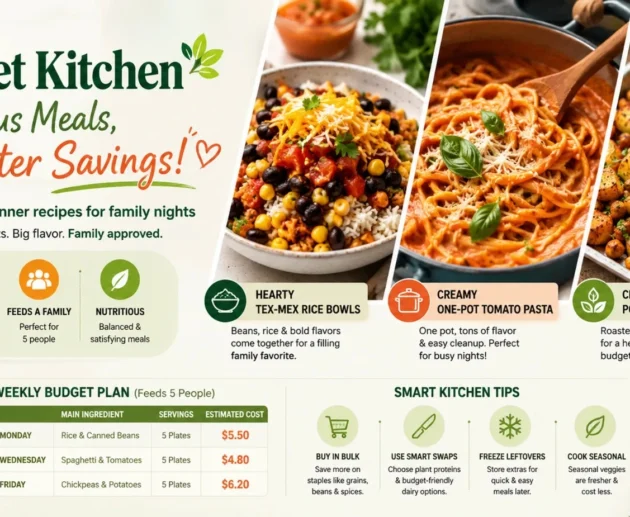 Budget Kitchen infographic featuring three affordable family meals—Tex-Mex rice bowls, creamy one-pot tomato pasta, and crispy chickpea & potato sheet pan—along with a weekly budget meal plan and smart kitchen money-saving tips.