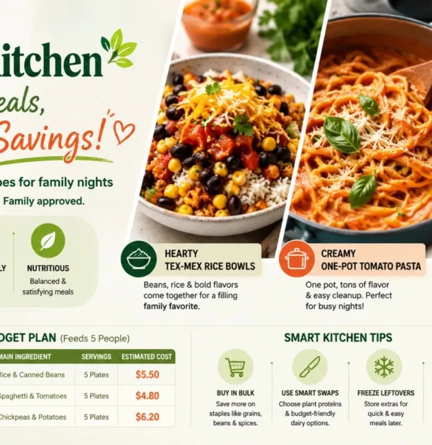 Budget Kitchen infographic featuring three affordable family meals—Tex-Mex rice bowls, creamy one-pot tomato pasta, and crispy chickpea & potato sheet pan—along with a weekly budget meal plan and smart kitchen money-saving tips.