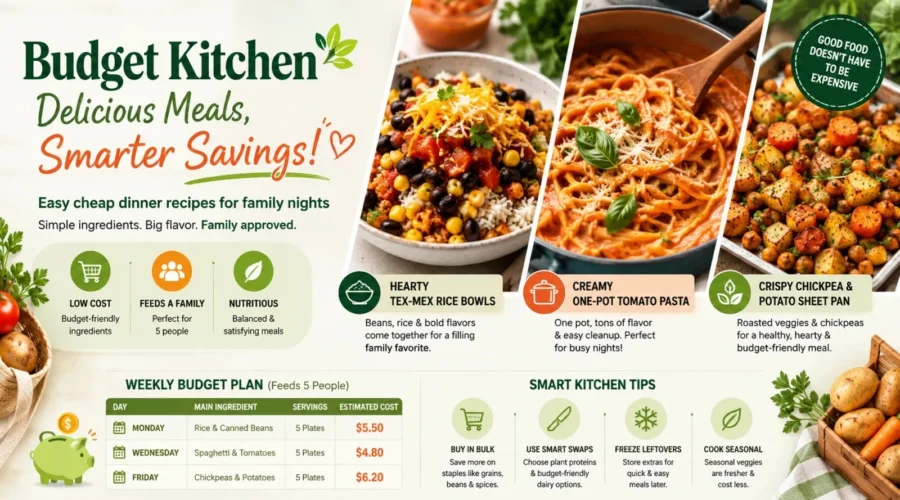 Budget Kitchen infographic featuring three affordable family meals—Tex-Mex rice bowls, creamy one-pot tomato pasta, and crispy chickpea & potato sheet pan—along with a weekly budget meal plan and smart kitchen money-saving tips.