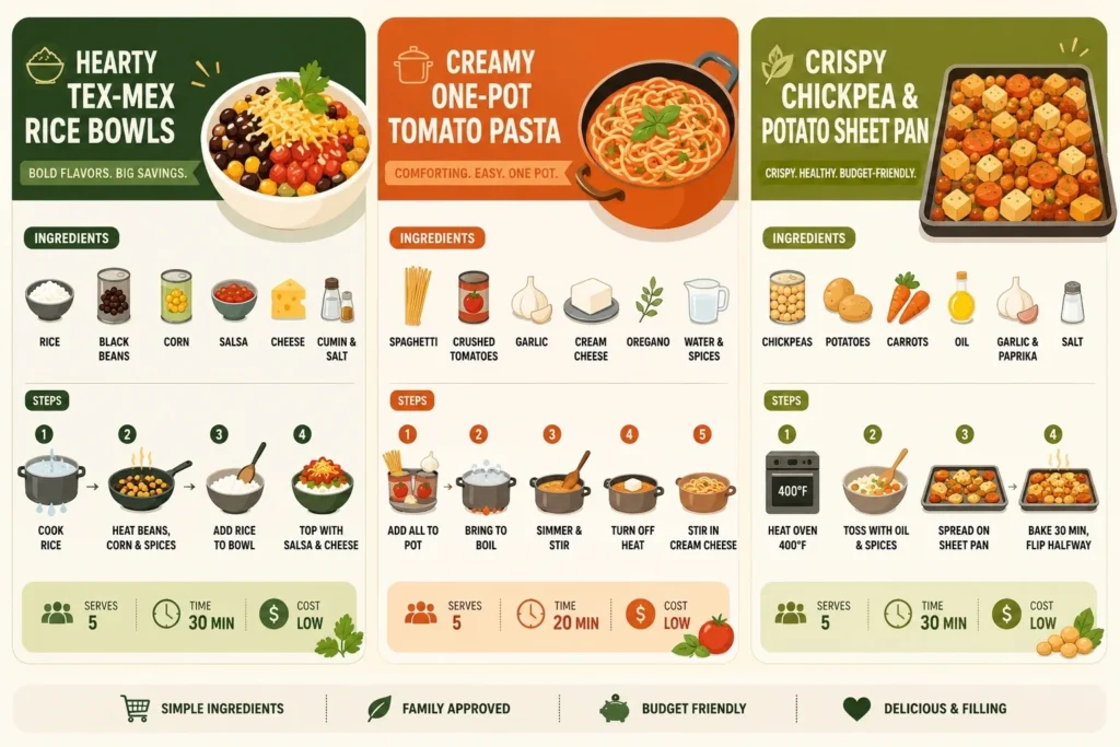 Infographic showing three easy budget-friendly family dinner recipes: Hearty Tex-Mex Rice Bowls, Creamy One-Pot Tomato Pasta, and Crispy Chickpea & Potato Sheet Pan, with ingredients, step-by-step cooking instructions, serving size, cooking time, and low-cost meal icons.