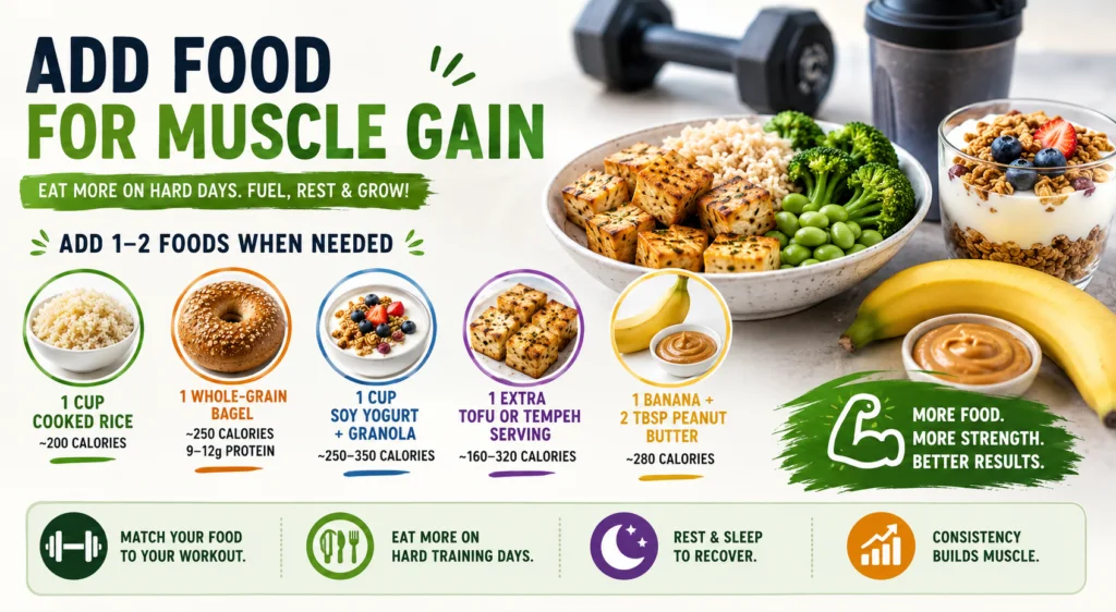 Vegan muscle gain foods with rice, bagel, soy yogurt, tofu, tempeh, banana, and peanut butter