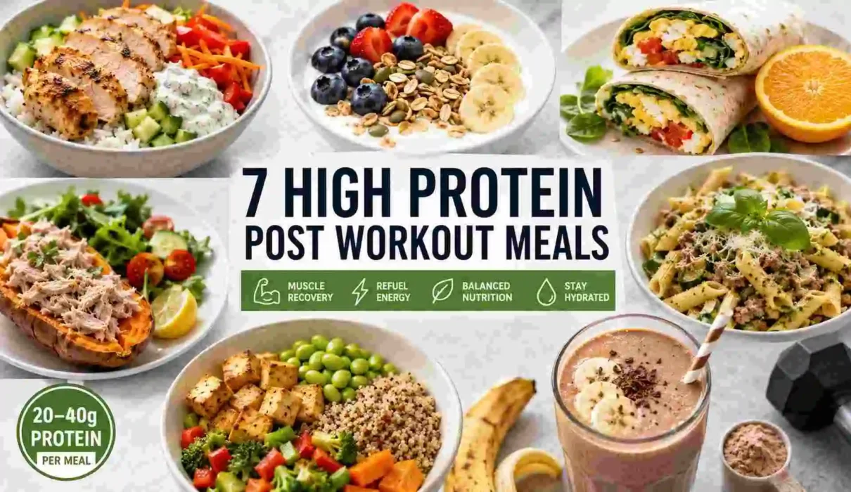 7 high protein post workout meals including chicken bowls, yogurt with berries, breakfast wraps, tuna sweet potato, protein pasta, quinoa tofu bowls, and protein smoothies