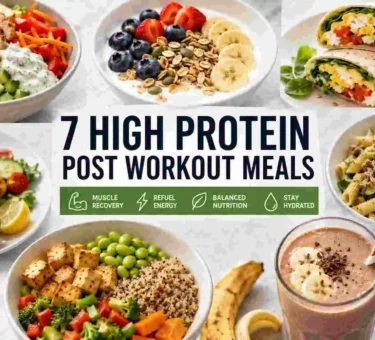 7 high protein post workout meals including chicken bowls, yogurt with berries, breakfast wraps, tuna sweet potato, protein pasta, quinoa tofu bowls, and protein smoothies