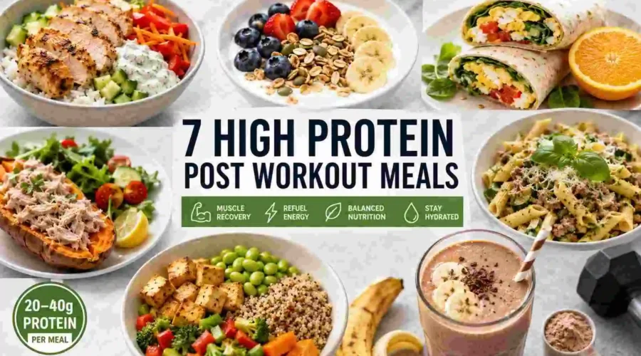 7 high protein post workout meals including chicken bowls, yogurt with berries, breakfast wraps, tuna sweet potato, protein pasta, quinoa tofu bowls, and protein smoothies