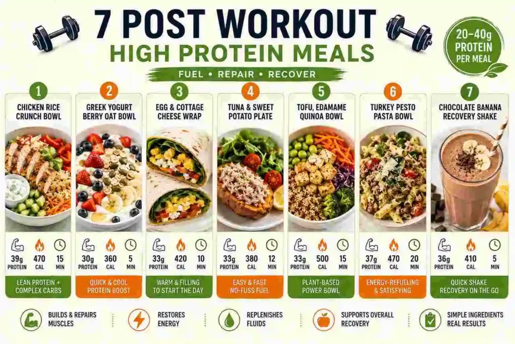 7 high protein post workout meals including chicken rice bowl, Greek yogurt berry oat bowl, egg and cottage cheese wrap, tuna sweet potato plate, tofu edamame quinoa bowl, turkey pesto pasta, and chocolate banana recovery shake