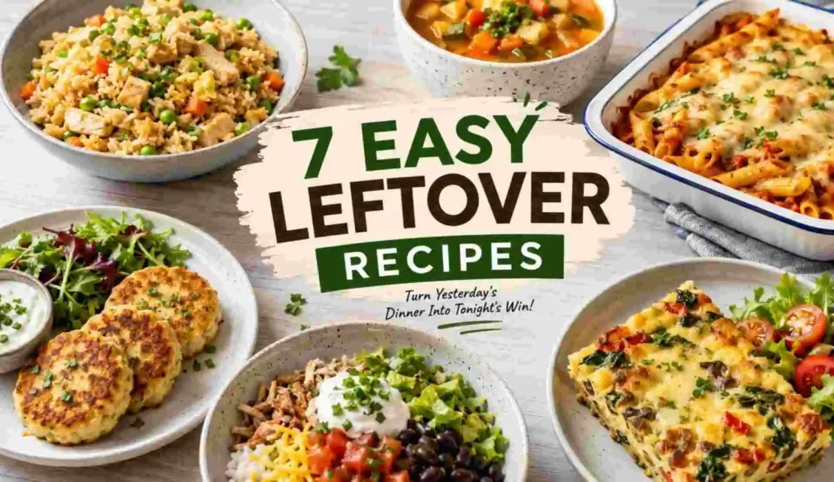 7 easy leftover recipes including chicken rice, vegetable soup, baked pasta, potato patties, taco bowls, and leftover casserole