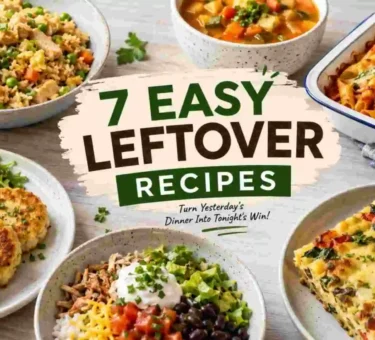 7 easy leftover recipes including chicken rice, vegetable soup, baked pasta, potato patties, taco bowls, and leftover casserole