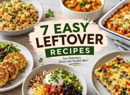 7 easy leftover recipes including chicken rice, vegetable soup, baked pasta, potato patties, taco bowls, and leftover casserole