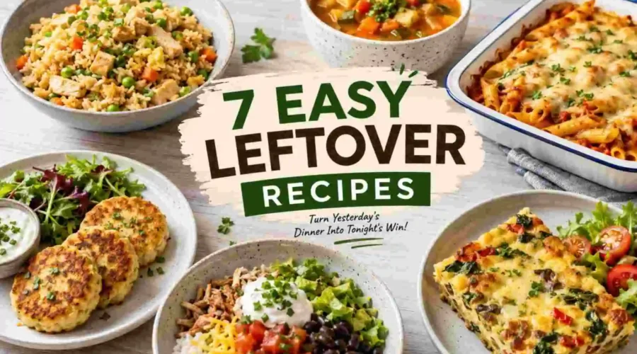 7 easy leftover recipes including chicken rice, vegetable soup, baked pasta, potato patties, taco bowls, and leftover casserole
