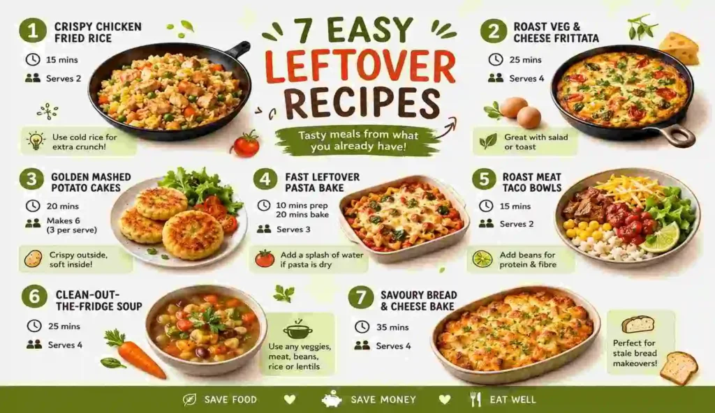 7 easy leftover recipes including crispy chicken fried rice, roast vegetable frittata, mashed potato cakes, leftover pasta bake, taco bowls, fridge-cleanout soup, and savory bread cheese bake