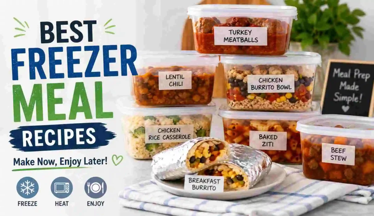 Best freezer meal recipes including turkey meatballs, lentil chili, chicken burrito bowls, casseroles, baked ziti, beef stew, and breakfast burritos