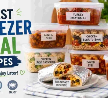 Best freezer meal recipes including turkey meatballs, lentil chili, chicken burrito bowls, casseroles, baked ziti, beef stew, and breakfast burritos