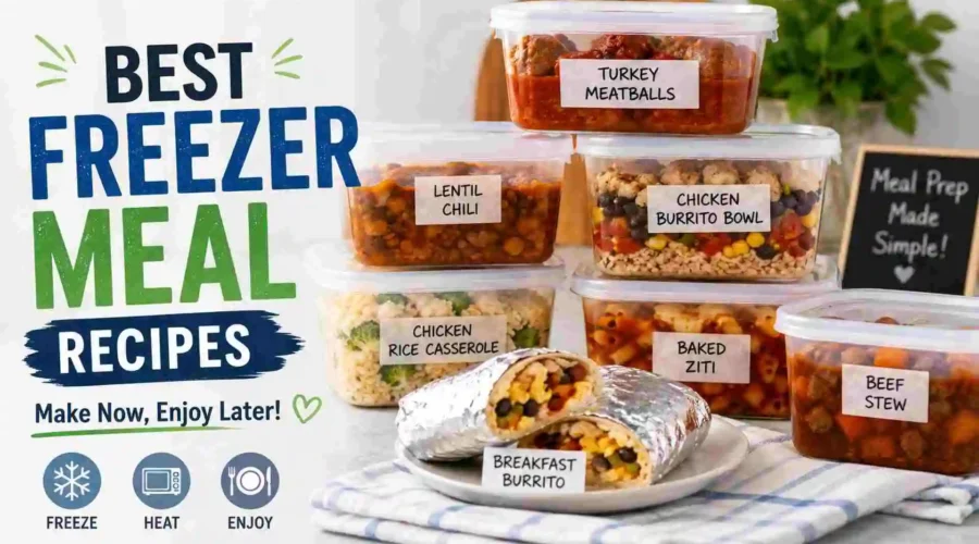 Best freezer meal recipes including turkey meatballs, lentil chili, chicken burrito bowls, casseroles, baked ziti, beef stew, and breakfast burritos