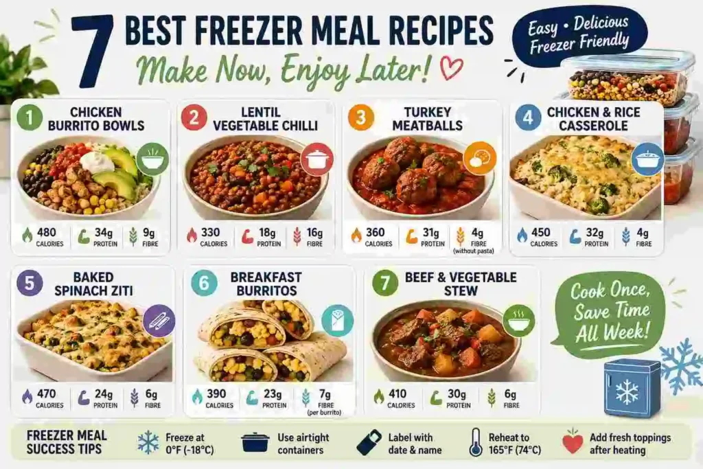 7 best freezer meal recipes including chicken burrito bowls, lentil vegetable chili, turkey meatballs, chicken rice casserole, spinach ziti, breakfast burritos, and beef vegetable stew