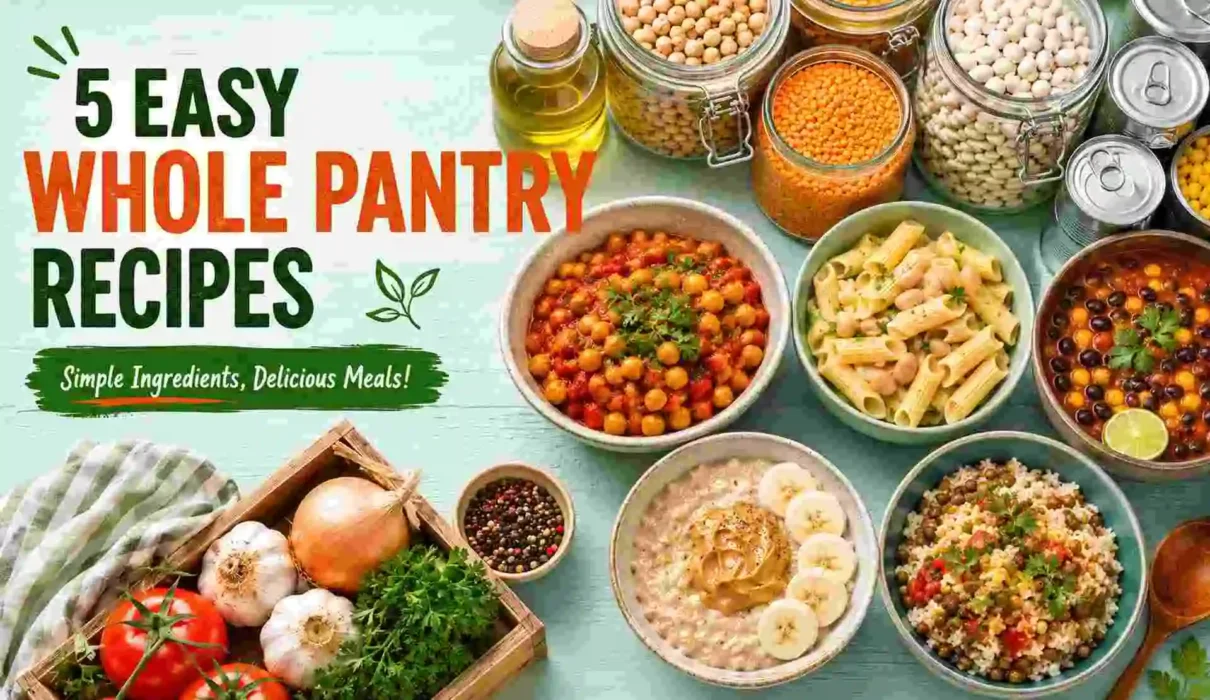 5 easy whole pantry recipes made with simple ingredients, beans, chickpeas, lentils, pasta, grains, and fresh vegetables