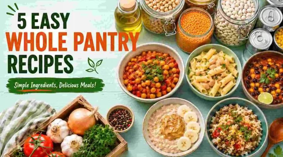 5 easy whole pantry recipes made with simple ingredients, beans, chickpeas, lentils, pasta, grains, and fresh vegetables