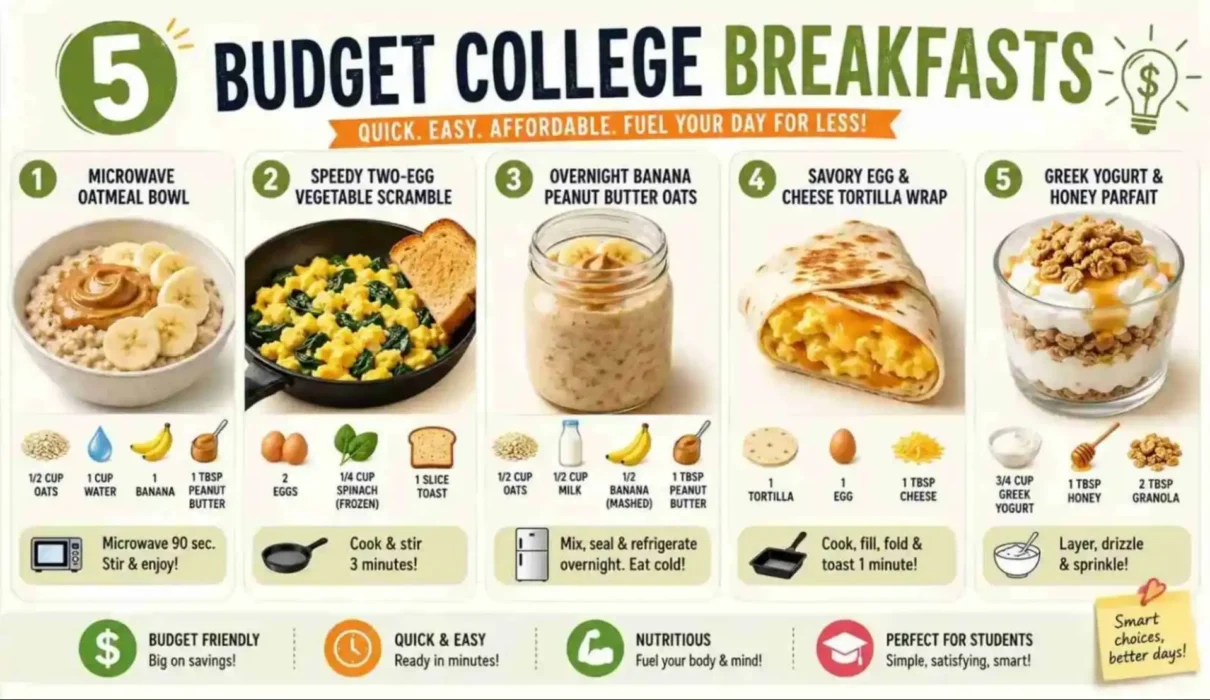 nfographic showing five budget-friendly college breakfast ideas including microwave oatmeal, egg vegetable scramble, overnight banana peanut butter oats, egg and cheese tortilla wrap, and Greek yogurt parfait.