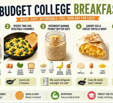 nfographic showing five budget-friendly college breakfast ideas including microwave oatmeal, egg vegetable scramble, overnight banana peanut butter oats, egg and cheese tortilla wrap, and Greek yogurt parfait.