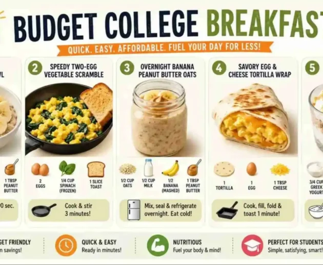 nfographic showing five budget-friendly college breakfast ideas including microwave oatmeal, egg vegetable scramble, overnight banana peanut butter oats, egg and cheese tortilla wrap, and Greek yogurt parfait.