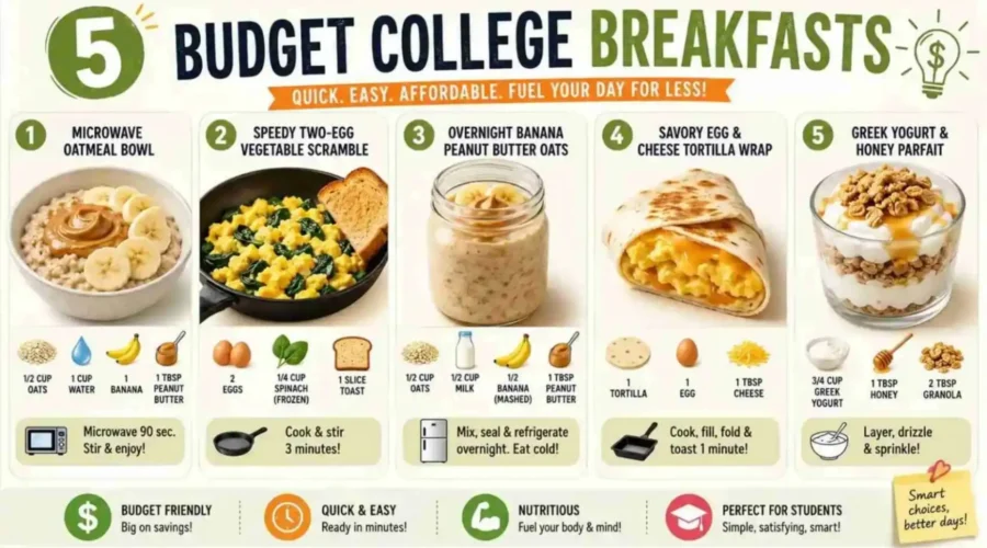 nfographic showing five budget-friendly college breakfast ideas including microwave oatmeal, egg vegetable scramble, overnight banana peanut butter oats, egg and cheese tortilla wrap, and Greek yogurt parfait.