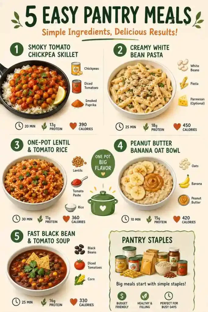 5 easy pantry meals including smoky tomato chickpea skillet, creamy white bean pasta, lentil tomato rice, peanut butter banana oats, and black bean tomato soup