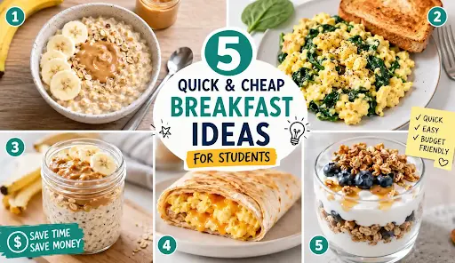 Collage featuring five quick and cheap breakfast ideas for students including oatmeal with banana, scrambled eggs with spinach, overnight oats, egg breakfast wrap, and Greek yogurt parfait.