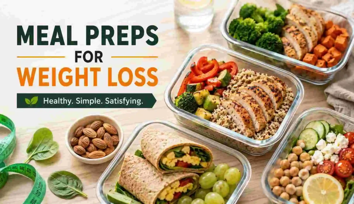 Healthy meal prep containers with grilled chicken, quinoa, vegetables, wraps, and fresh fruit for weight loss