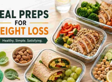 Healthy meal prep containers with grilled chicken, quinoa, vegetables, wraps, and fresh fruit for weight loss