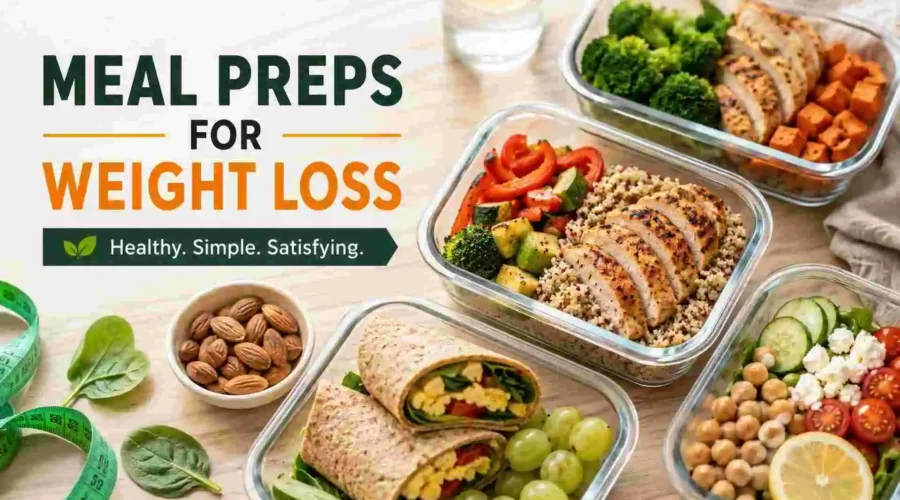 Healthy meal prep containers with grilled chicken, quinoa, vegetables, wraps, and fresh fruit for weight loss