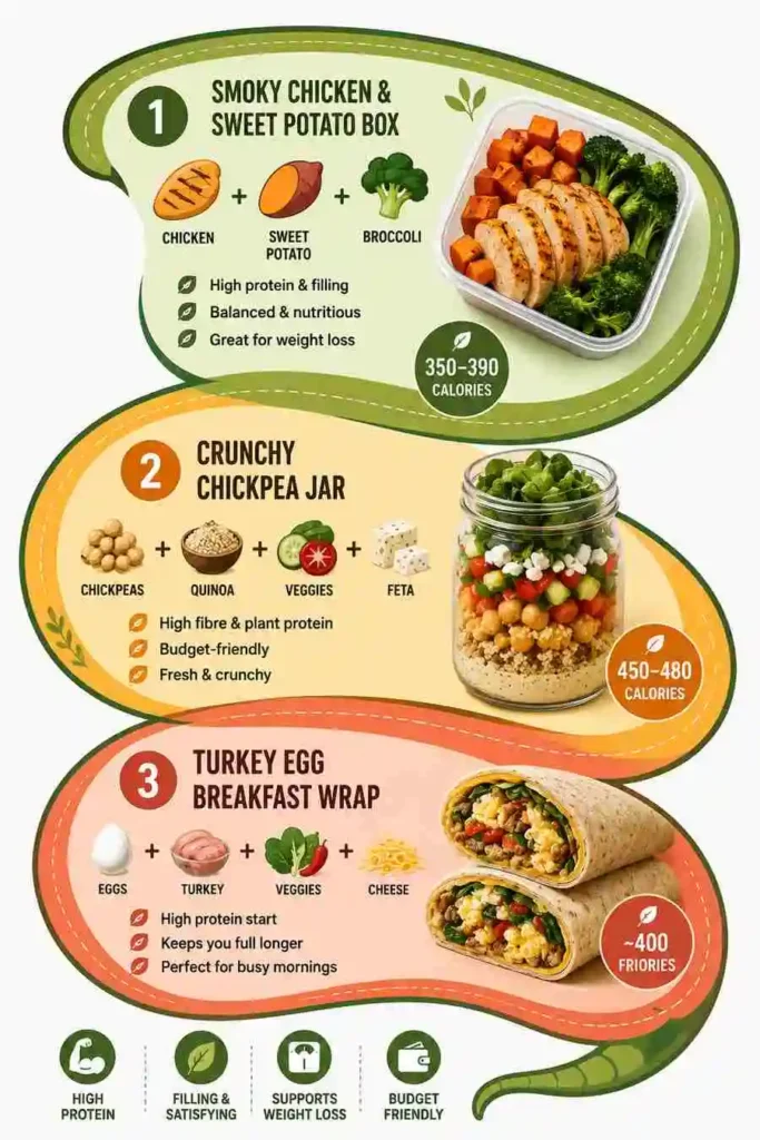 Three healthy meal prep ideas for weight loss including smoky chicken with sweet potato, chickpea quinoa jar, and turkey egg breakfast wrap