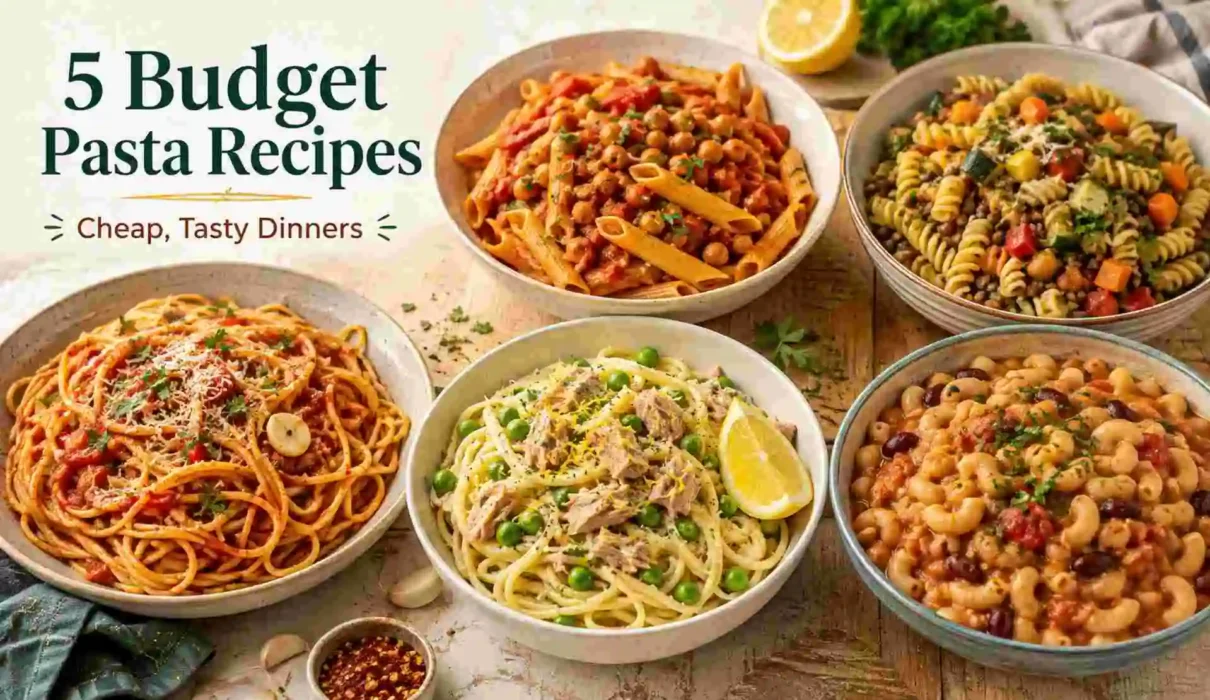 5 budget pasta recipes featuring tomato spaghetti, chickpea penne, vegetable pasta, lemon tuna pasta, and one-pot bean macaroni