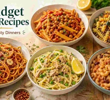 5 budget pasta recipes featuring tomato spaghetti, chickpea penne, vegetable pasta, lemon tuna pasta, and one-pot bean macaroni