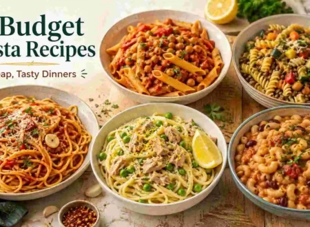 5 budget pasta recipes featuring tomato spaghetti, chickpea penne, vegetable pasta, lemon tuna pasta, and one-pot bean macaroni