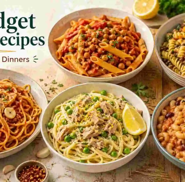 5 budget pasta recipes featuring tomato spaghetti, chickpea penne, vegetable pasta, lemon tuna pasta, and one-pot bean macaroni