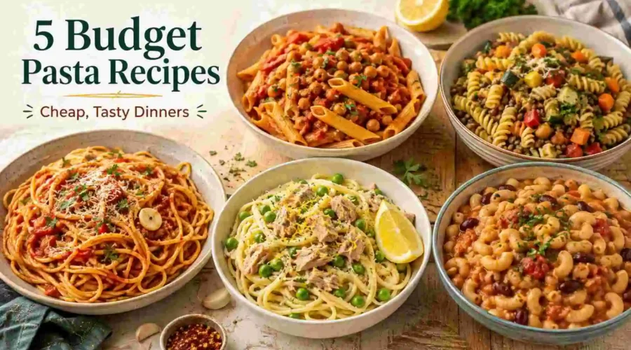 5 budget pasta recipes featuring tomato spaghetti, chickpea penne, vegetable pasta, lemon tuna pasta, and one-pot bean macaroni