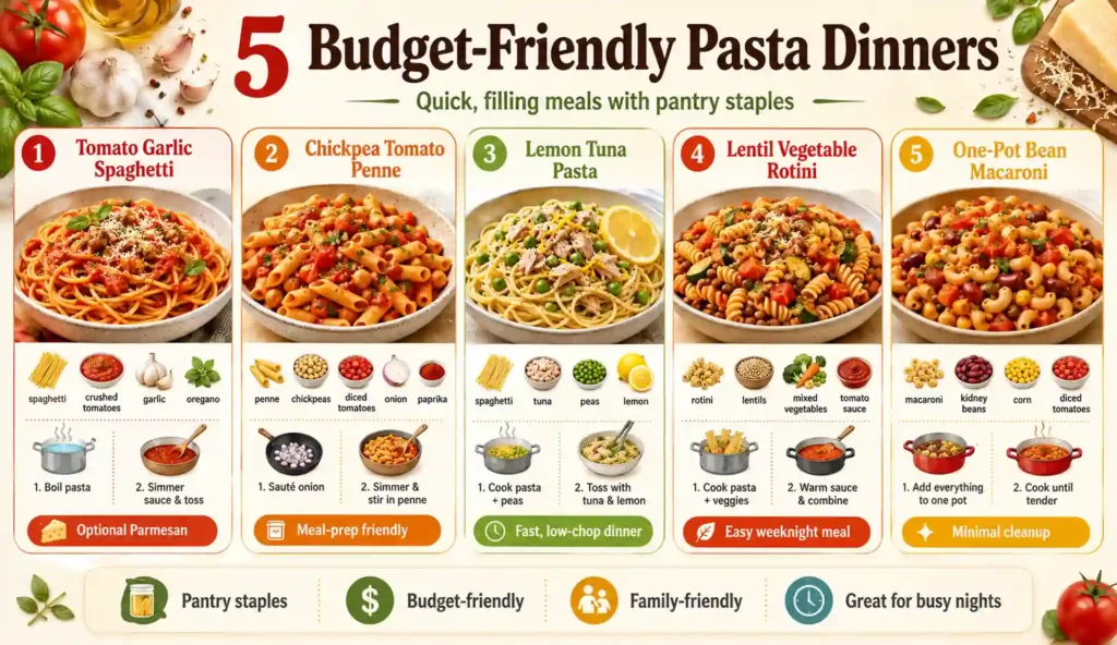5 budget-friendly pasta dinners including tomato garlic spaghetti, chickpea penne, lemon tuna pasta, lentil vegetable rotini, and one-pot bean macaroni
