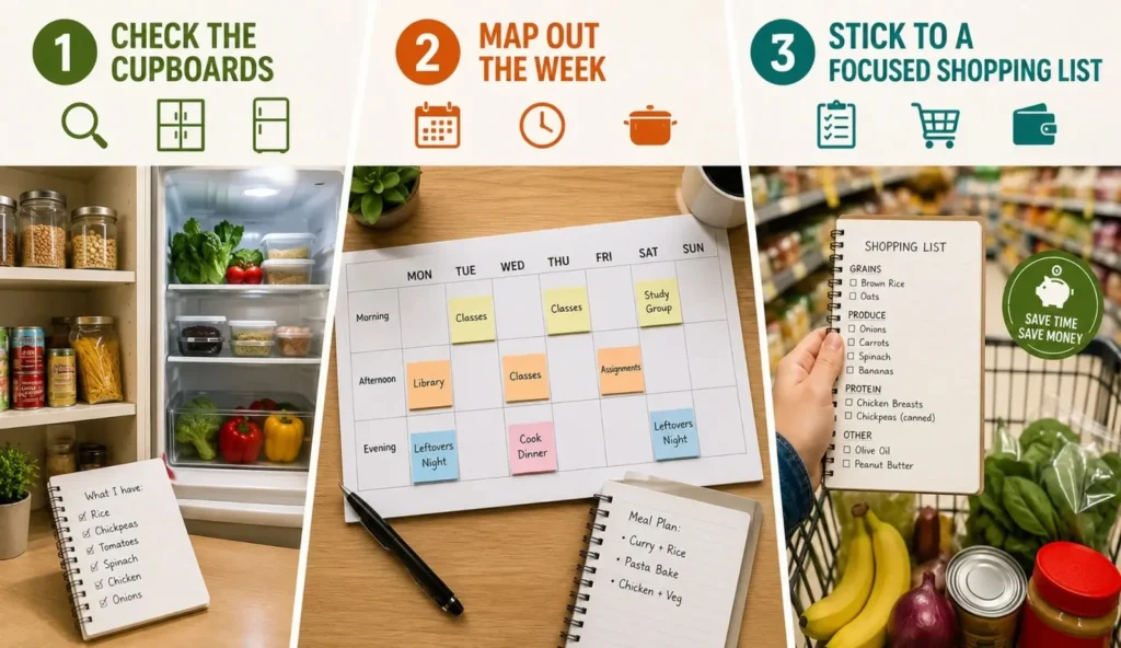 Money saving grocery shopping tips with pantry check, weekly meal planning, and a focused shopping list