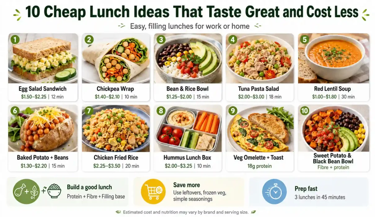 10 cheap lunch ideas including egg salad sandwich, chickpea wrap, bean rice bowl, pasta salad, soup, and healthy lunch boxes