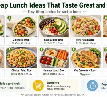 10 cheap lunch ideas including egg salad sandwich, chickpea wrap, bean rice bowl, pasta salad, soup, and healthy lunch boxes
