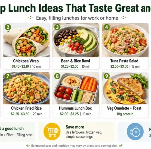 10 cheap lunch ideas including egg salad sandwich, chickpea wrap, bean rice bowl, pasta salad, soup, and healthy lunch boxes