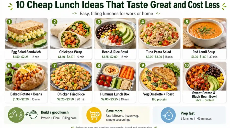 10 cheap lunch ideas including egg salad sandwich, chickpea wrap, bean rice bowl, pasta salad, soup, and healthy lunch boxes