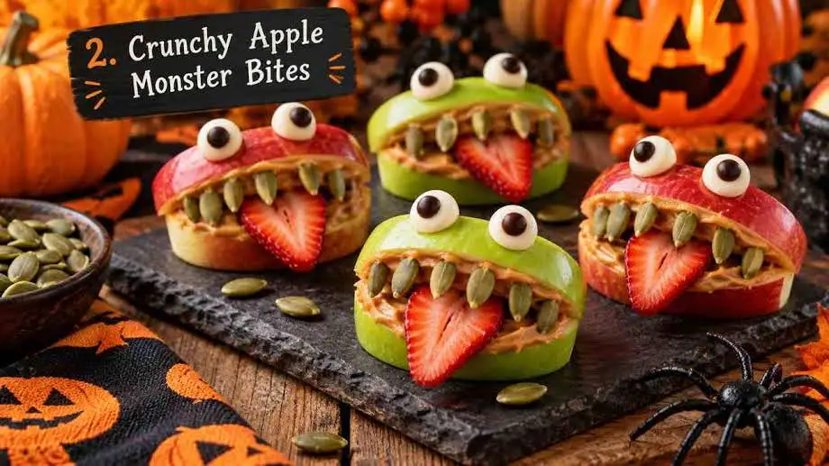 Apple monster bites with peanut butter and strawberry tongue