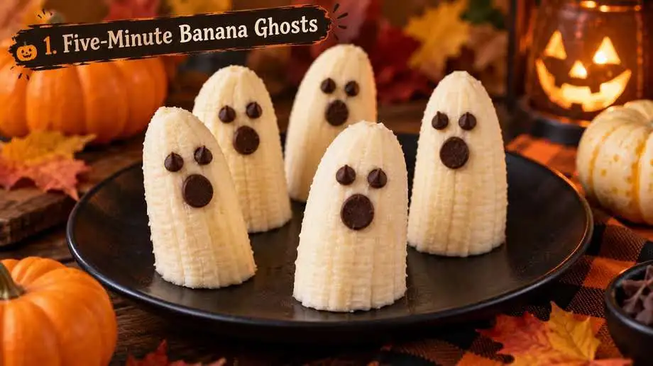 Banana ghost snacks with chocolate chip eyes and mouth