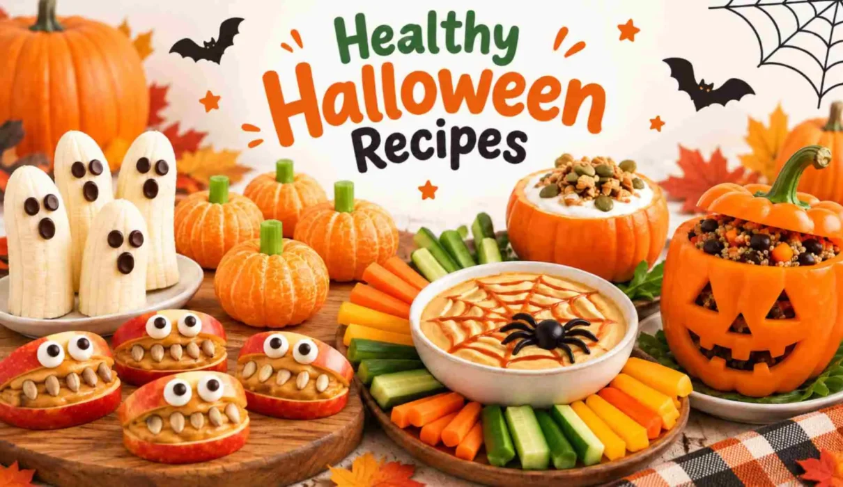 Healthy Halloween snack table with ghosts, pumpkins, and fruit treats