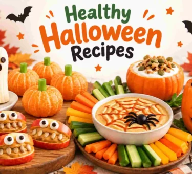Healthy Halloween snack table with ghosts, pumpkins, and fruit treats